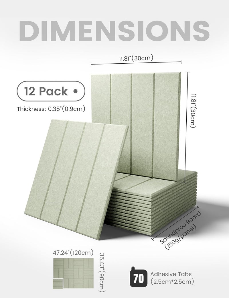 Fluxynara Felt Bulletin Board Tiles Large 48" x 36" Cork Board Alternative-12 Pack with 70 Adhesive Tabs, Thick Slat Wall Panels for Office Decor, Push Pin Board Wall Organizer Alternative-Sage Green - Image 2