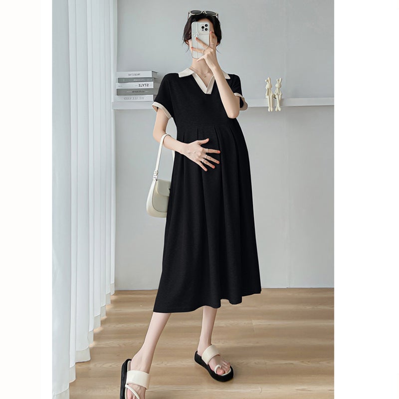 Maternity Dress Summer 2023 Short Sleeve Pleated Black  - Image 1