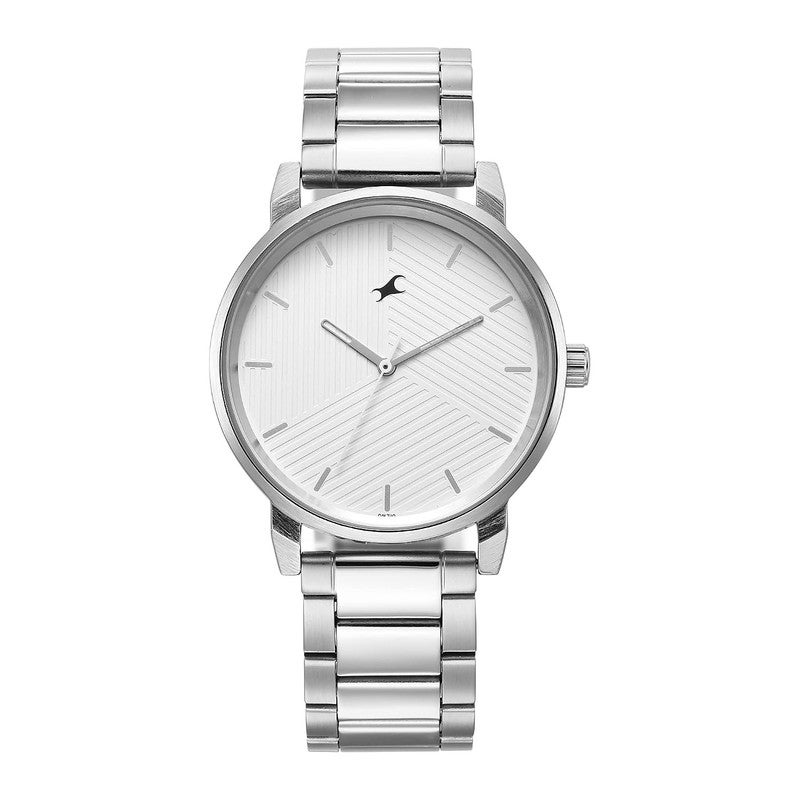 Fastrack Stunners Men Quartz Movement | Crisp White Geometric Pattern Dial with Polished Silver Metal Strap | Modern Minimalist Design - 3278SM04 - Image 1