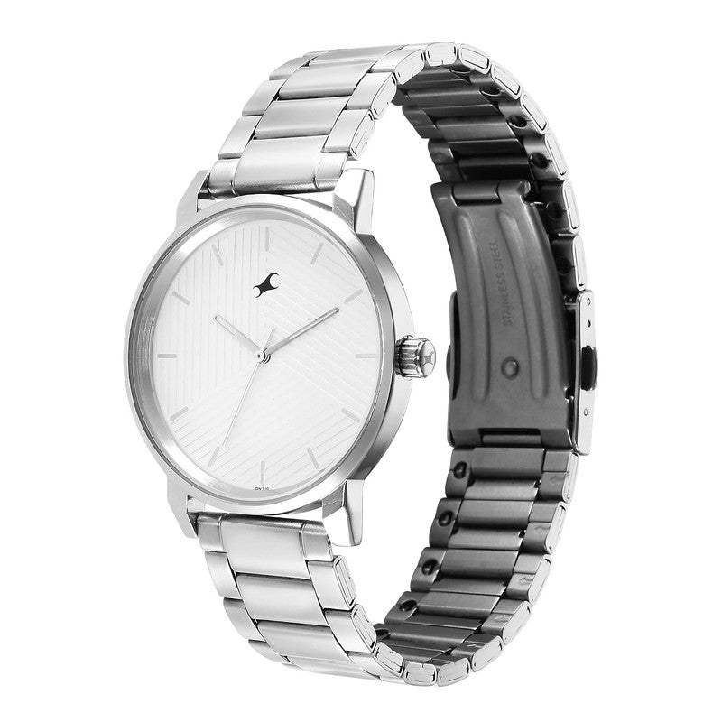 Fastrack Stunners Men Quartz Movement | Crisp White Geometric Pattern Dial with Polished Silver Metal Strap | Modern Minimalist Design - 3278SM04 - Image 4