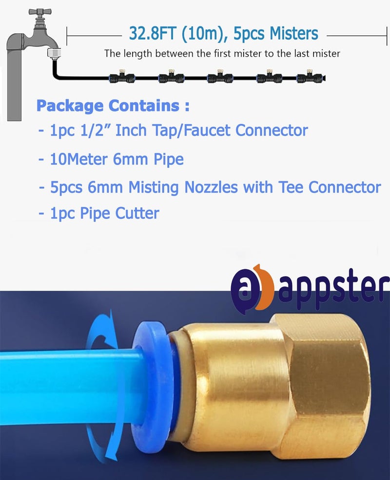 APPSTER Misting Cooling System 10Mtr Pipe + 5pcs Atomization Nozzles + 1/2" Tap Connector + Cutter for DIY Sanitization Fogger Sprayer Watering Fogging Kit Sprinkler for Garden Outdoor Balcony - Image 3