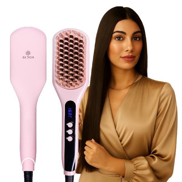 Aldon Hair Straightener Brush for Women | Daily Use Hair Straightening Brush | 30 Sec Fast Heating | Adjustable Heat 100–200°C with Temperature Control & LED Display | Anti-Scald Design & Auto Shut-Off | Safe for Natural & Coloured Hair | 6 Ft Swivel Cord | Straight Hair in 5 Minutes - Image 1