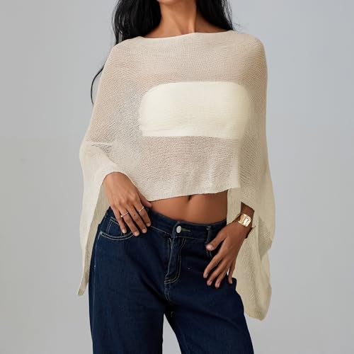 Foidiccx Women Sheer Knit Poncho Y2k See Through Shrug Crochet Mesh Cover Up Lightweight Asymmetrical Beach Shawl Cape Top (Yellow, ONE SIZE) - Image 2