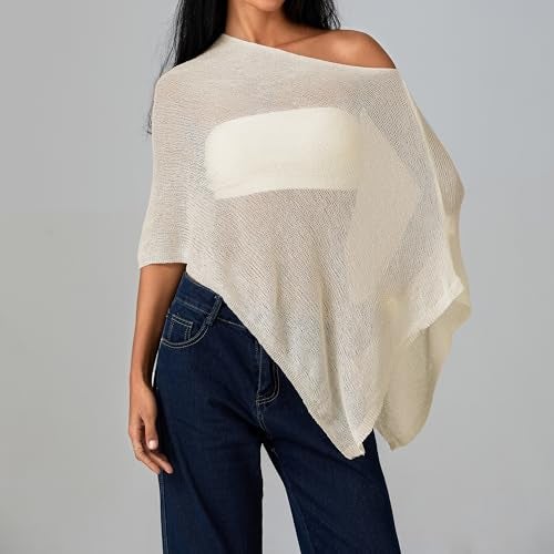 Foidiccx Women Sheer Knit Poncho Y2k See Through Shrug Crochet Mesh Cover Up Lightweight Asymmetrical Beach Shawl Cape Top (Yellow, ONE SIZE) - Image 3