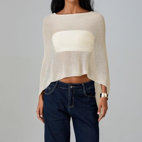 Foidiccx Women Sheer Knit Poncho Y2k See Through Shrug Crochet Mesh Cover Up Lightweight Asymmetrical Beach Shawl Cape Top (Yellow, ONE SIZE) - Image 4