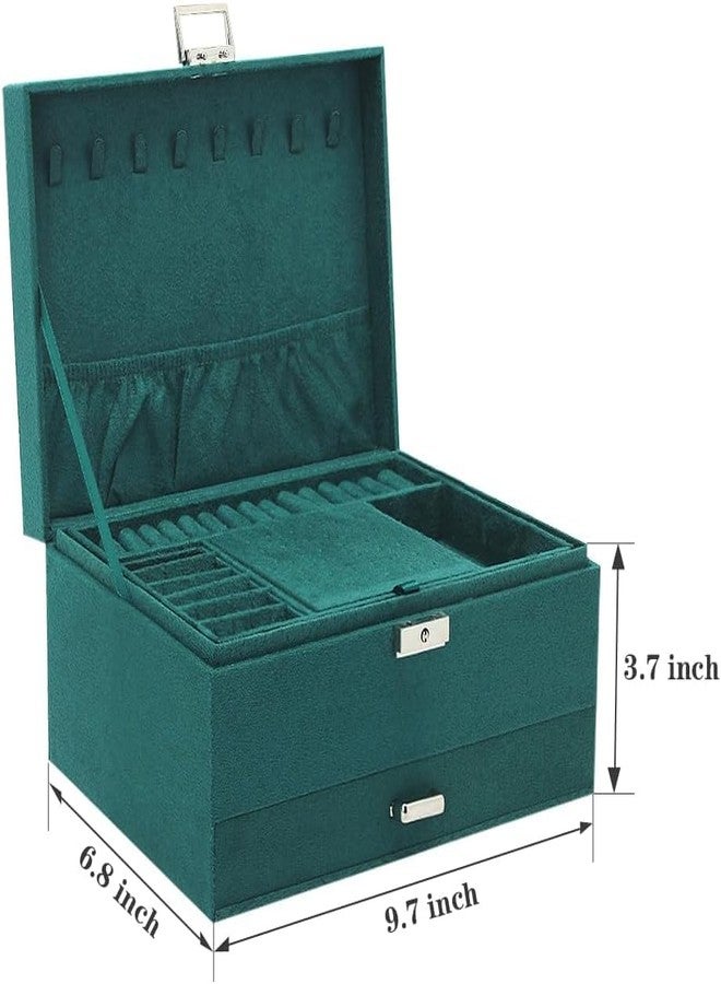 FEBLICH Jewellery Organiser Box, 3 Layer Velvet Jewelry Box Earrings Organizer Storage Box With Lock Drawers, Necklace & Bracelet Organizer | Luxury Jewellery Box For Women & Girls Gift (Green) - Image 3