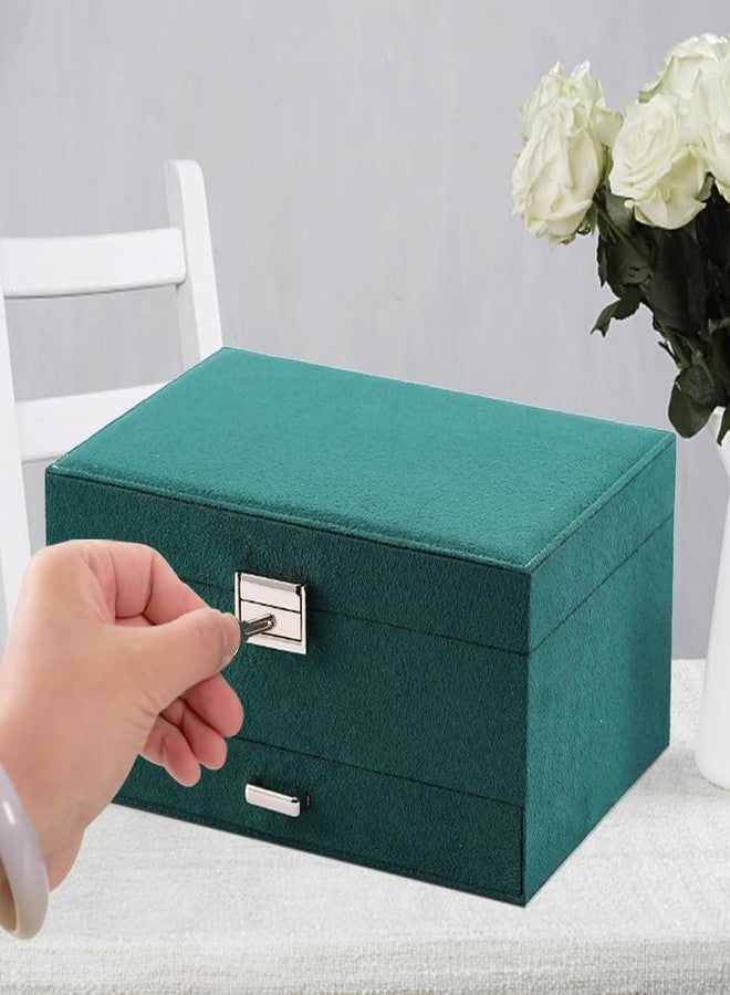 FEBLICH Jewellery Organiser Box, 3 Layer Velvet Jewelry Box Earrings Organizer Storage Box With Lock Drawers, Necklace & Bracelet Organizer | Luxury Jewellery Box For Women & Girls Gift (Green) - Image 4