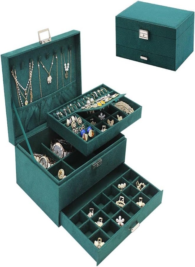 FEBLICH Jewellery Organiser Box, 3 Layer Velvet Jewelry Box Earrings Organizer Storage Box With Lock Drawers, Necklace & Bracelet Organizer | Luxury Jewellery Box For Women & Girls Gift (Green) - Image 1