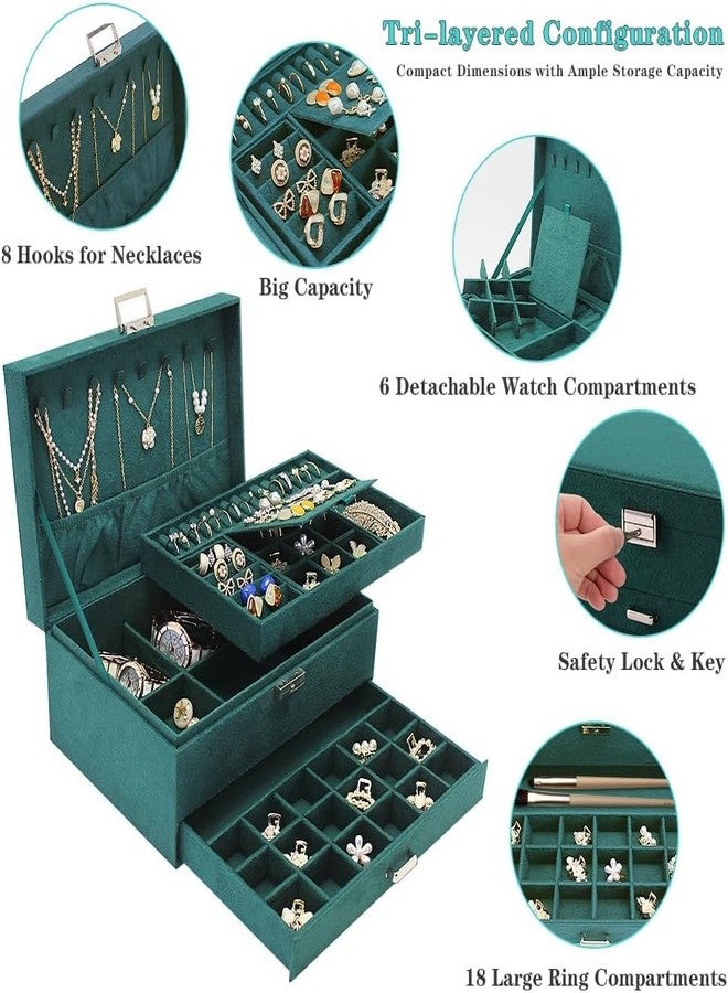 FEBLICH Jewellery Organiser Box, 3 Layer Velvet Jewelry Box Earrings Organizer Storage Box With Lock Drawers, Necklace & Bracelet Organizer | Luxury Jewellery Box For Women & Girls Gift (Green) - Image 5