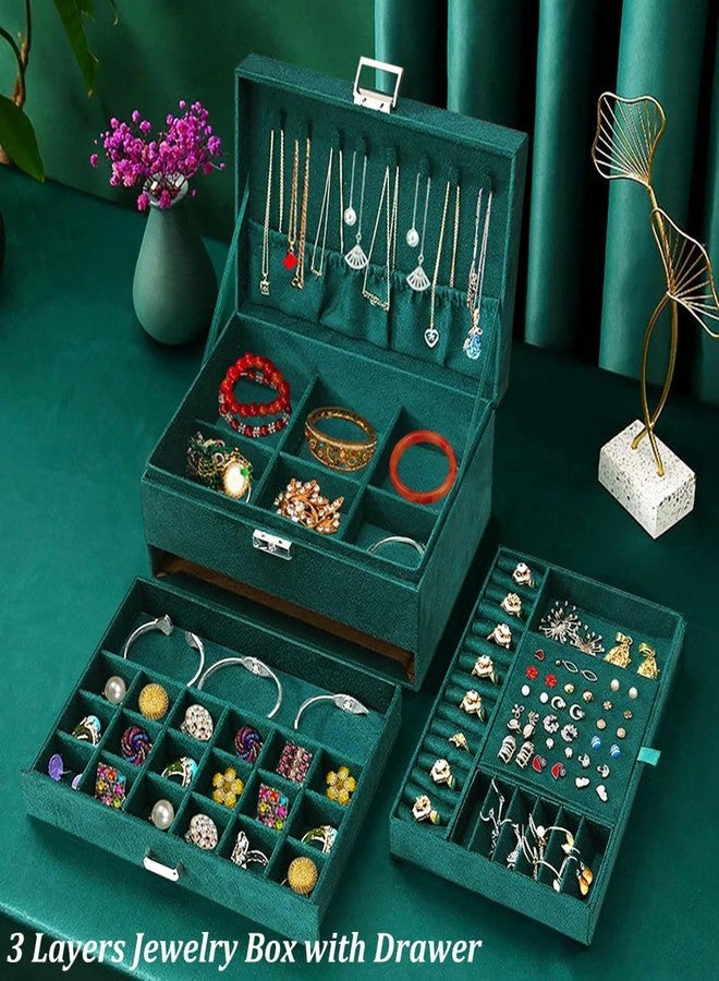 FEBLICH Jewellery Organiser Box, 3 Layer Velvet Jewelry Box Earrings Organizer Storage Box With Lock Drawers, Necklace & Bracelet Organizer | Luxury Jewellery Box For Women & Girls Gift (Green) - Image 2
