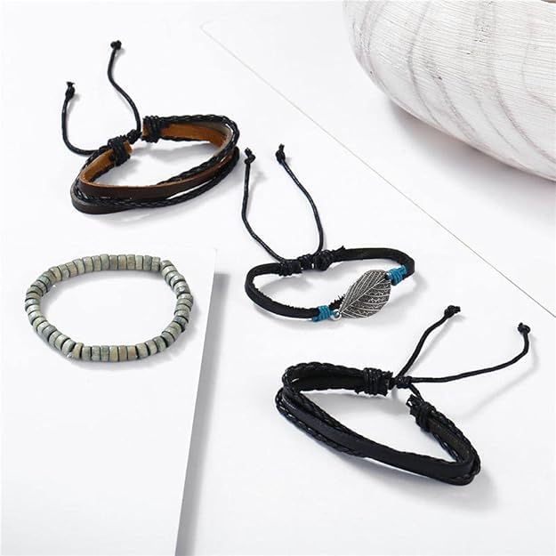 VIEN Bohemian Vintage Multilayer Bracelet Men Leather Wrap Bracelet Set(BLACK) - Image 4