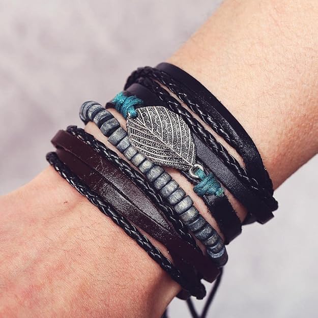 VIEN Bohemian Vintage Multilayer Bracelet Men Leather Wrap Bracelet Set(BLACK) - Image 2