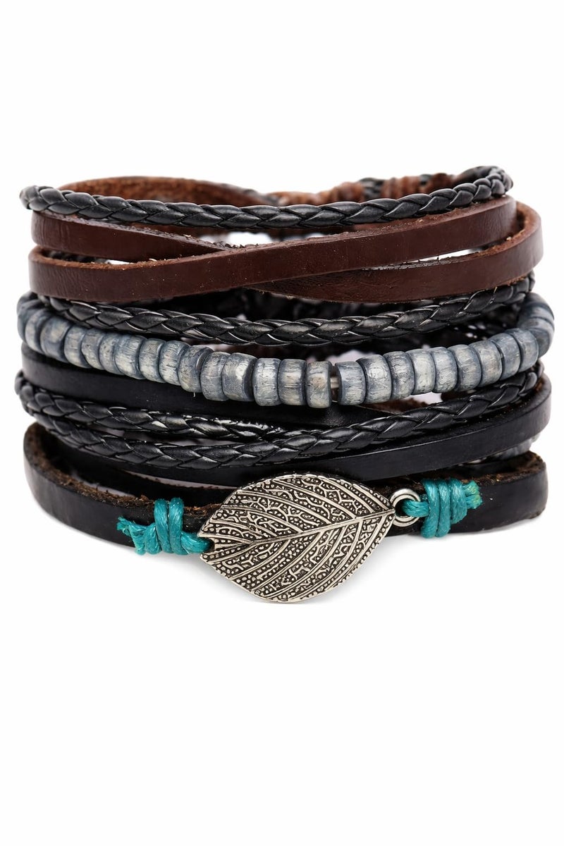 VIEN Bohemian Vintage Multilayer Bracelet Men Leather Wrap Bracelet Set(BLACK) - Image 1
