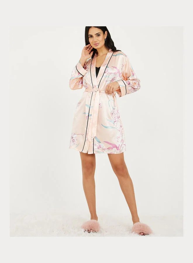 Styli Floral Print Satin Contrast Piped Robe with Self Tie