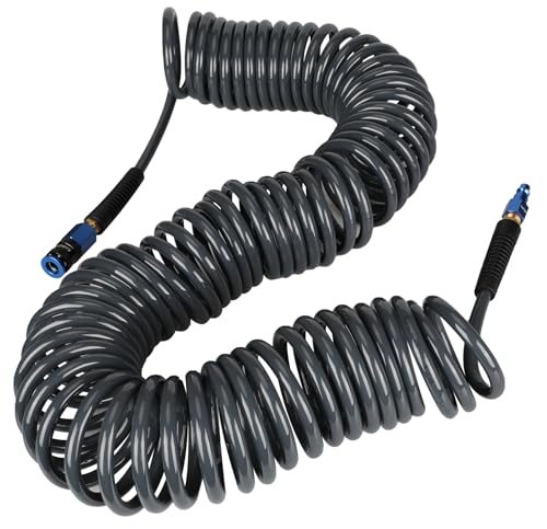 EADUTY Heavy Duty Polyurethane Recoil Air Hose 1/4 in x 50 ft, Lightweight, Flexible Compressor Hose with Universal Quick Coupler, Plug and Bend Restrictors, Gray - Image 1