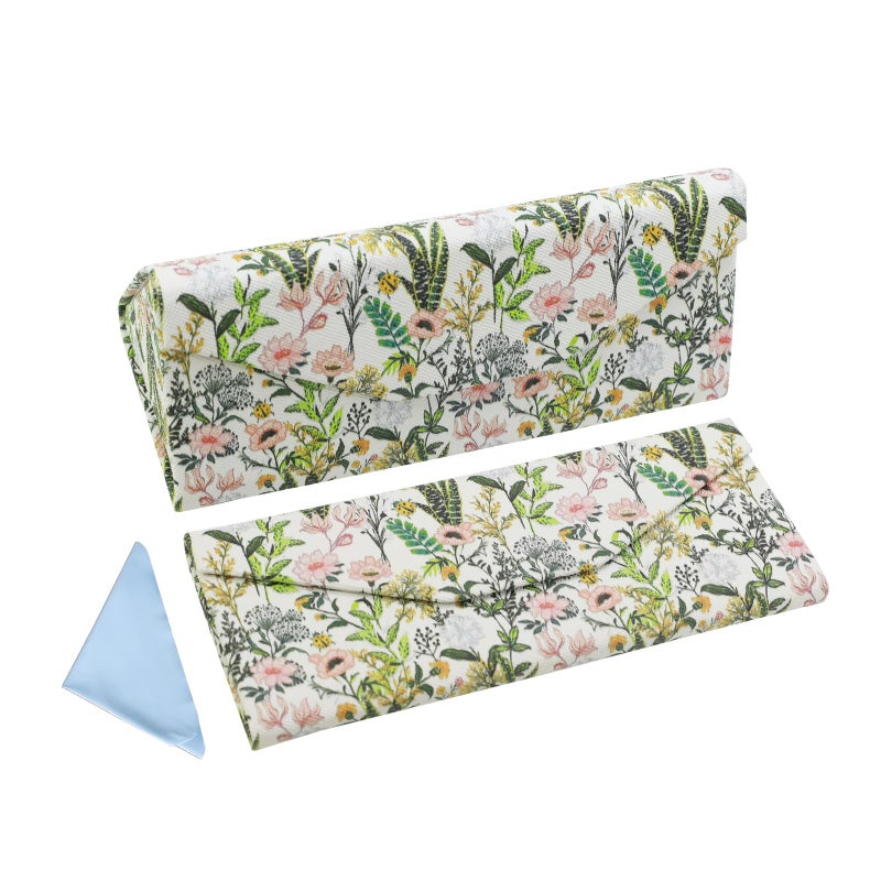 FlyingMage Foldable Glasses Holder Hard Shell Eyeglasses Case Fashion PU Leather Sunglasses Protective Cover (White Flowering Shrubs) - Image 1