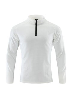 Generic Mens Long Sleeve T-Shirt Half Zip-Up Autumn Winter Breathable Elastic Outdoor Sports Casual Top With Fleece Lining White 
