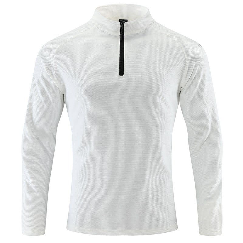 Generic Mens Long Sleeve T-Shirt Half Zip-Up Autumn Winter Breathable Elastic Outdoor Sports Casual Top With Fleece Lining White