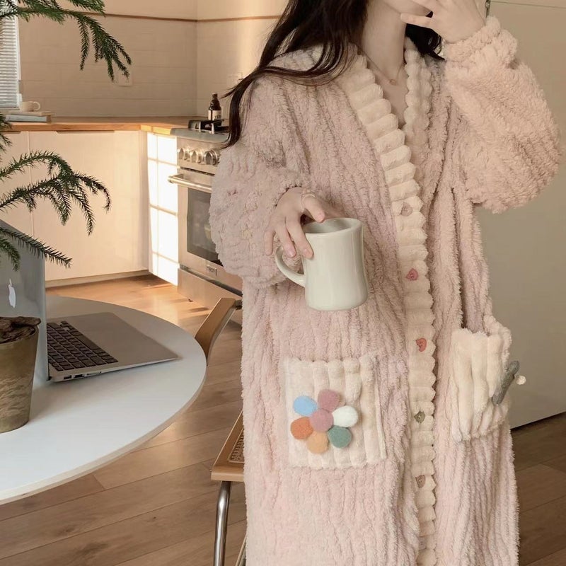 Rainbow Set Coral Fleece Pajamas for Women - Thick Flannel Winter Loungewear with V-Neck and Long Sleeves