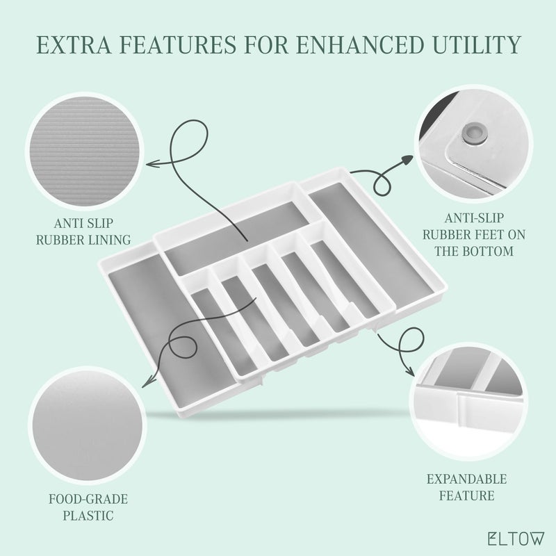 ELTOW Expandable Silverware Drawer Organizer, 8 Compartment Non-Slip & Adjustable Silverware Trays for Kitchen Drawers, Kitchen Organization for Utensils, Cutlery, Flatware Storage - White - Image 4