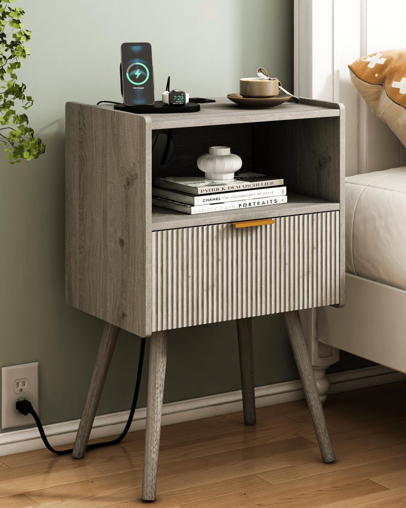 JOONEE Nightstand with Outlet,Modern Bedside Table with Storage Drawer and Open Wood Shelf, for Living Room, Bedroom and Small Spaces, Accent Night Stand with Solid Wood Legs, Easy Assembly,Grey Oak - Image 1