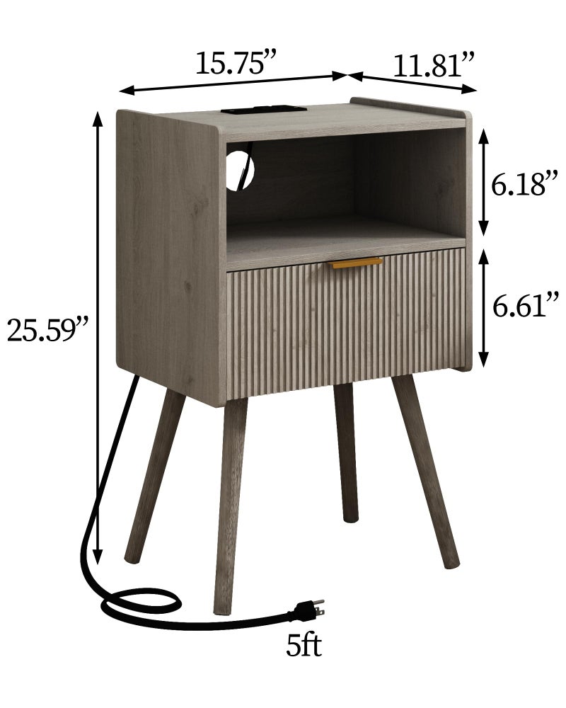 JOONEE Nightstand with Outlet,Modern Bedside Table with Storage Drawer and Open Wood Shelf, for Living Room, Bedroom and Small Spaces, Accent Night Stand with Solid Wood Legs, Easy Assembly,Grey Oak - Image 2