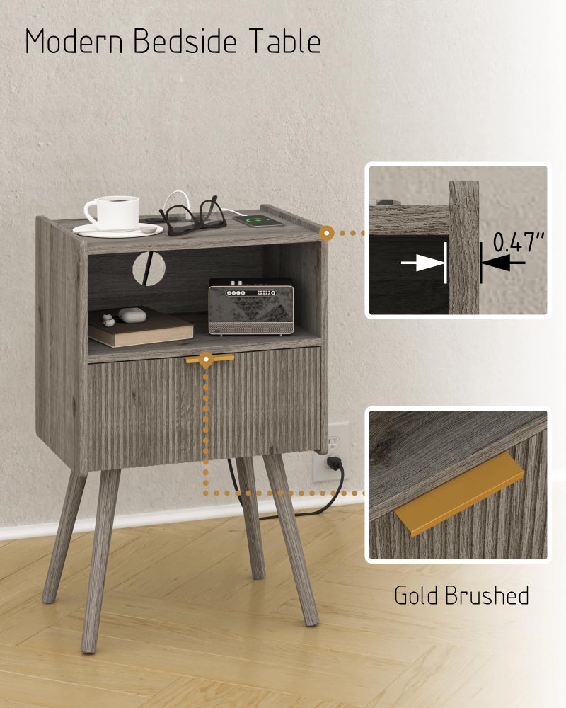 JOONEE Nightstand with Outlet,Modern Bedside Table with Storage Drawer and Open Wood Shelf, for Living Room, Bedroom and Small Spaces, Accent Night Stand with Solid Wood Legs, Easy Assembly,Grey Oak - Image 5