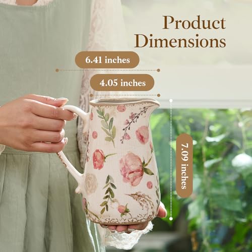 Teweiqi Vintage Fruit and Floral Ceramic Vase with Handle, Retro Ice Glazed Crack Farmhouse Pitcher Vase for Home Decor, Living Room, Shelf, Office, Rustic Table Centerpiece 7 Inch - Image 4