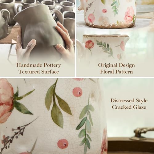 Teweiqi Vintage Fruit and Floral Ceramic Vase with Handle, Retro Ice Glazed Crack Farmhouse Pitcher Vase for Home Decor, Living Room, Shelf, Office, Rustic Table Centerpiece 7 Inch - Image 5