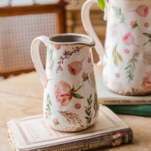 Teweiqi Vintage Fruit and Floral Ceramic Vase with Handle, Retro Ice Glazed Crack Farmhouse Pitcher Vase for Home Decor, Living Room, Shelf, Office, Rustic Table Centerpiece 7 Inch - Image 1