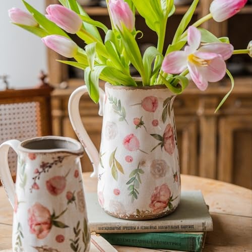Teweiqi Vintage Fruit and Floral Ceramic Vase with Handle, Retro Ice Glazed Crack Farmhouse Pitcher Vase for Home Decor, Living Room, Shelf, Office, Rustic Table Centerpiece 7 Inch - Image 2
