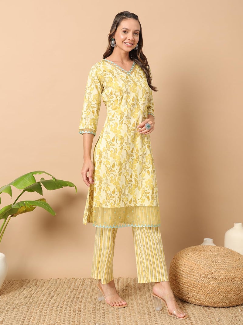FIORRA Women's Yellow Cotton Straight Kurta and Pant SET0137 - Image 3