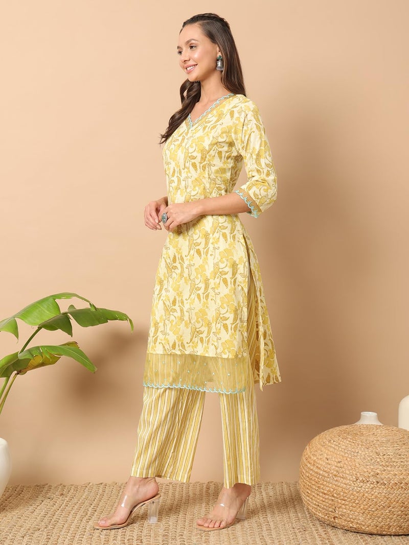 FIORRA Women's Yellow Cotton Straight Kurta and Pant SET0137 - Image 4
