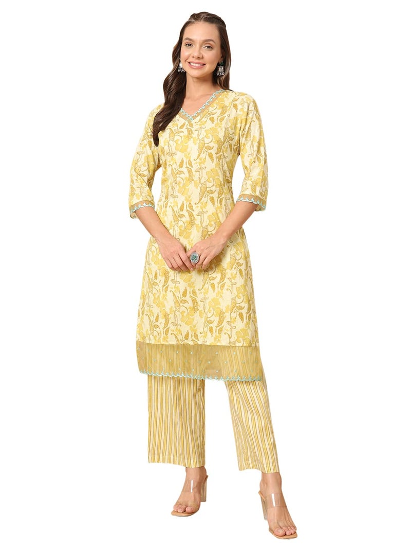 FIORRA Women's Yellow Cotton Straight Kurta and Pant SET0137 - Image 1