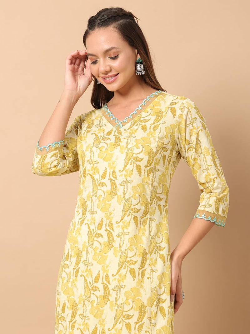 FIORRA Women's Yellow Cotton Straight Kurta and Pant SET0137 - Image 5