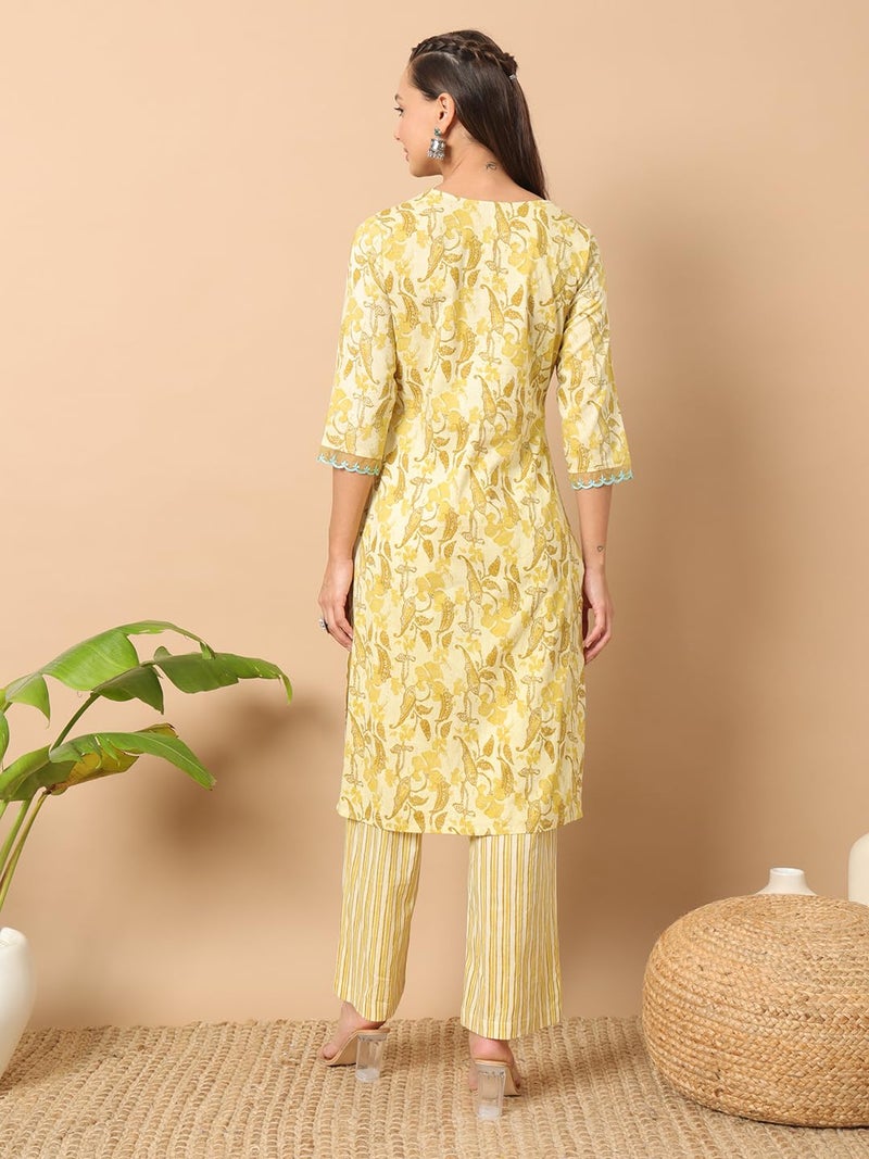 FIORRA Women's Yellow Cotton Straight Kurta and Pant SET0137 - Image 2