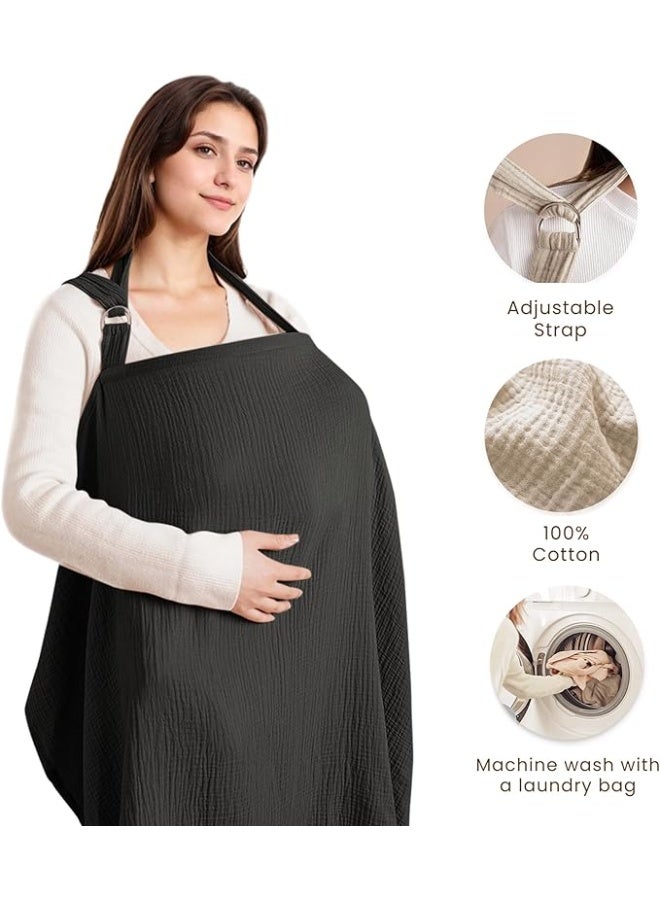 AGREON Nursing Cover for Baby Breastfeeding, Breathable 100% Cotton Breastfeeding Cover with Rigid Hoop for Mother Nursing Apron, Multi-use Carseat Canopy Canopy (Black) - Image 2
