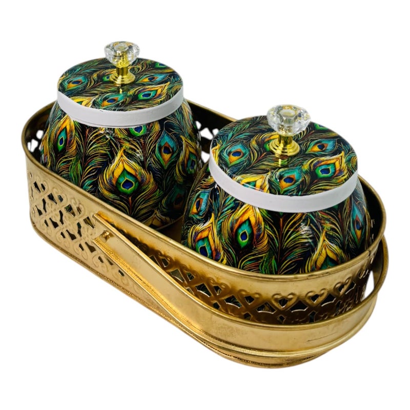 COOPTIC Elegant Dual Jar Set with Decorative Golden Basket | Handcrafted Iron Holder Featuring Traditional Art | Ideal for Kitchen Storage, Gifts & Festive Home Décor (Mor-Pankh) - Image 5