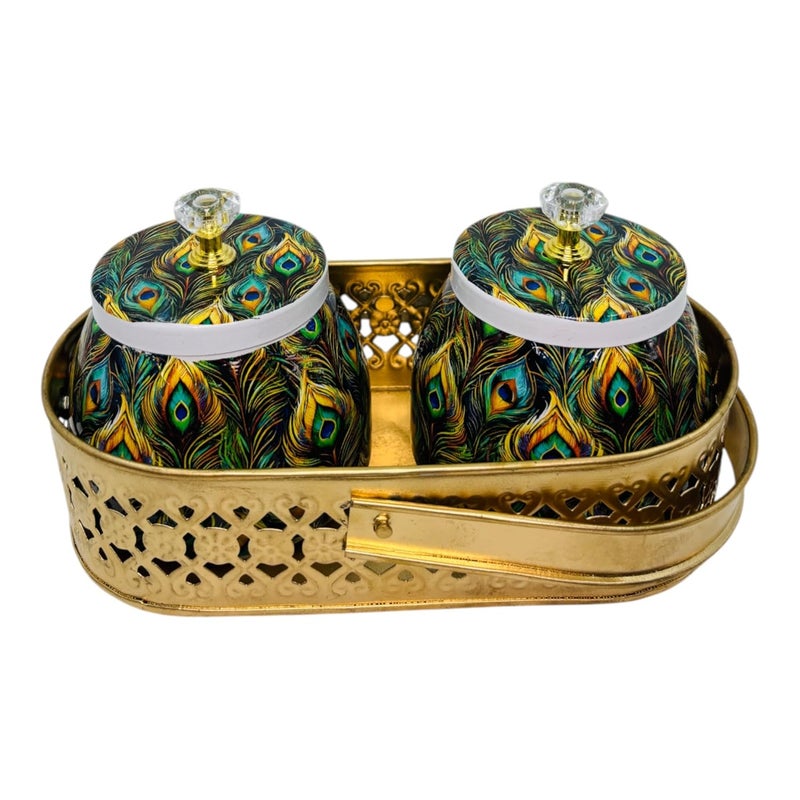 COOPTIC Elegant Dual Jar Set with Decorative Golden Basket | Handcrafted Iron Holder Featuring Traditional Art | Ideal for Kitchen Storage, Gifts & Festive Home Décor (Mor-Pankh) - Image 4