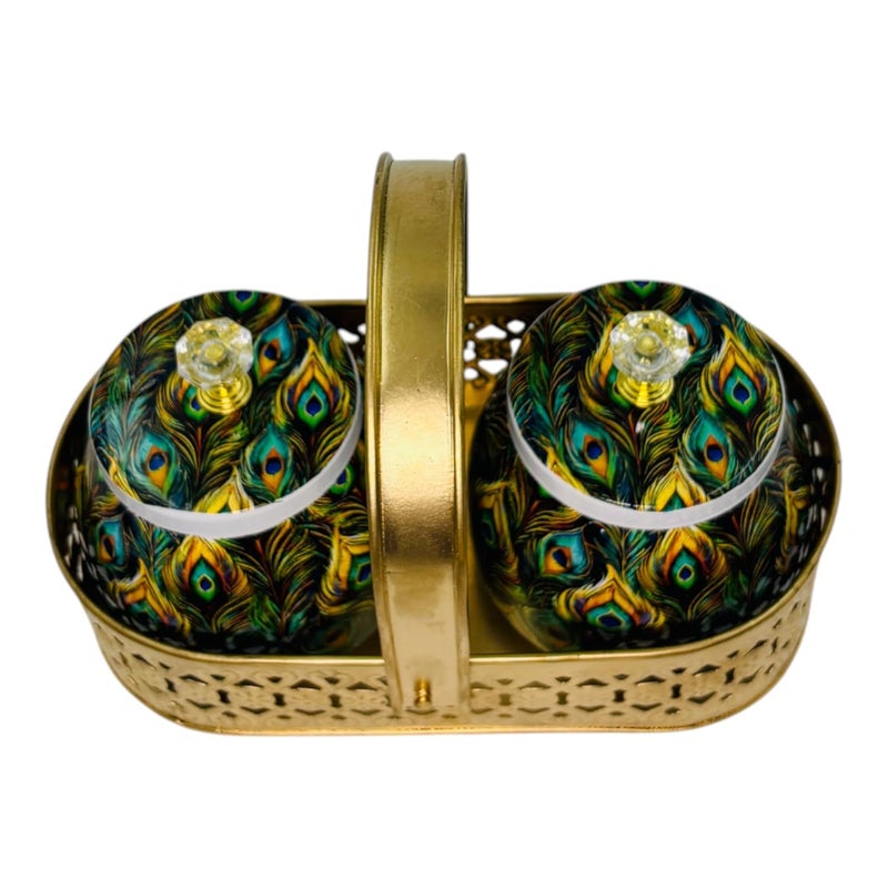 COOPTIC Elegant Dual Jar Set with Decorative Golden Basket | Handcrafted Iron Holder Featuring Traditional Art | Ideal for Kitchen Storage, Gifts & Festive Home Décor (Mor-Pankh) - Image 3