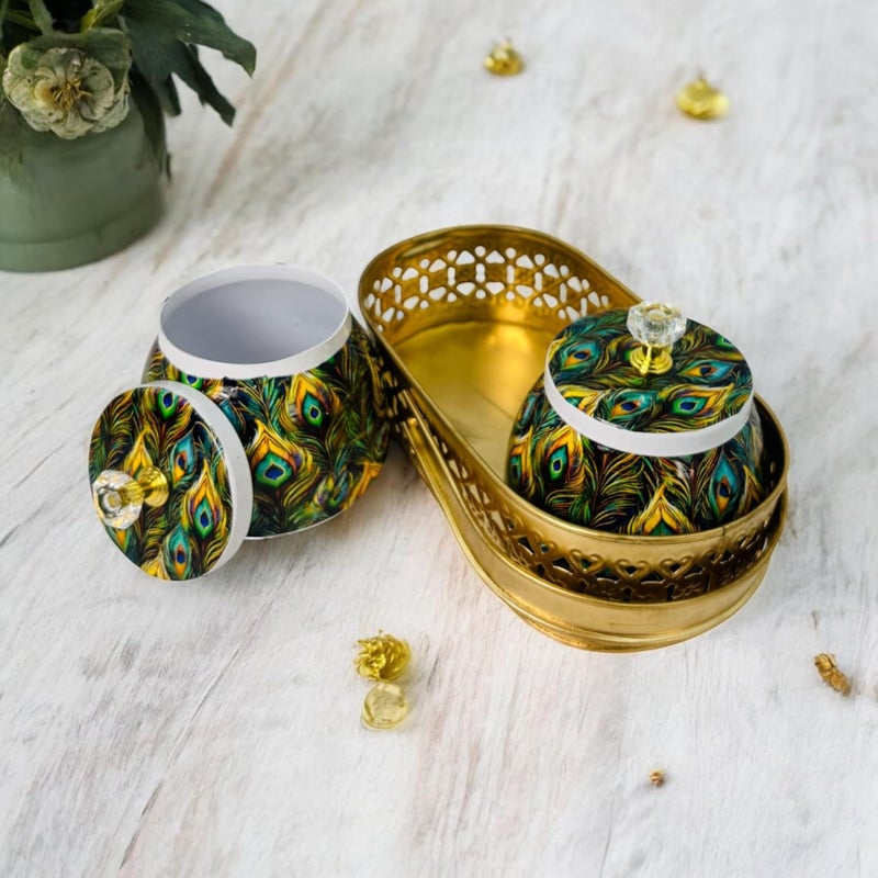 COOPTIC Elegant Dual Jar Set with Decorative Golden Basket | Handcrafted Iron Holder Featuring Traditional Art | Ideal for Kitchen Storage, Gifts & Festive Home Décor (Mor-Pankh) - Image 2
