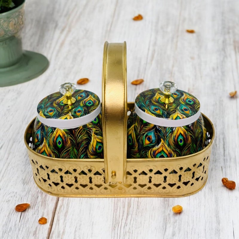 COOPTIC Elegant Dual Jar Set with Decorative Golden Basket | Handcrafted Iron Holder Featuring Traditional Art | Ideal for Kitchen Storage, Gifts & Festive Home Décor (Mor-Pankh) - Image 1