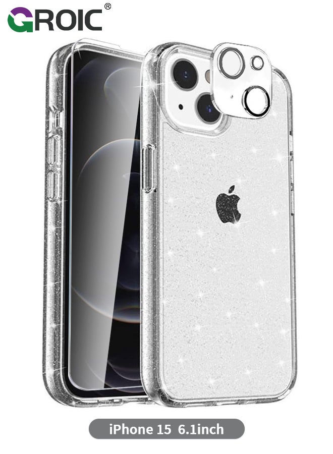 GROIC Compatible with iPhone 15 Case Glitter, with 3X Screen Protector + 3X Camera Lens Protector,Clear Sparkle Slim Shockproof Phone Shell,Soft TPU Bumper Cover for iPhone 15 6.1 Inch - Image 1