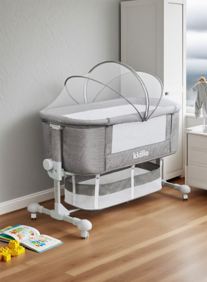 كيديليو سرير أطفال قابل للتعديل بمظلة بجانب السرير، 3 في 1 قابل للطي مع ناموسية، سرير أطفال بجانب السرير، سرير محمول سهل الطي مع سلة تخزين لحديثي الولادة، سرير بجانب السرير مع مرتبة مريحة/حقيبة سفر (مهد) رمادي - Image 1