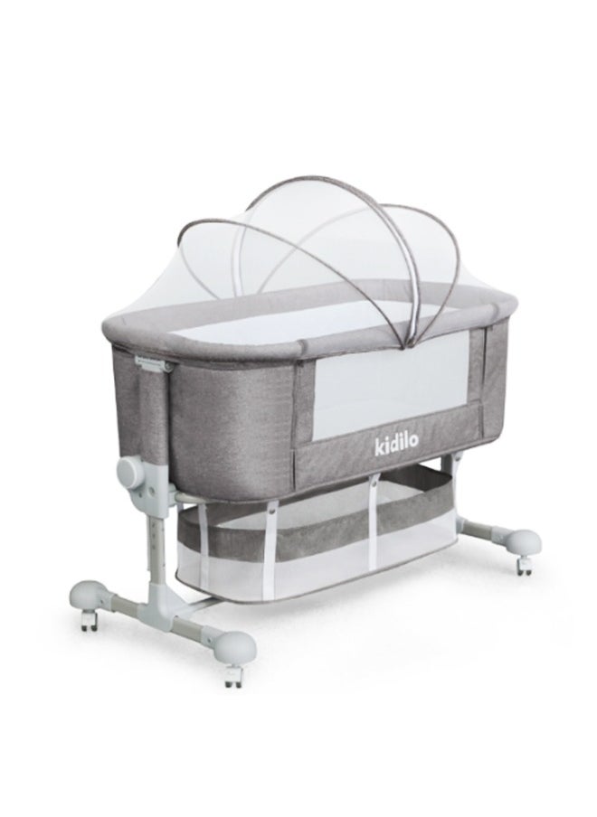 Kidilo Adjustable Canopy Bedside Crib 3 in 1 Folding Baby Cradle with Mosquito Net, Baby Bedside Sleeper, Easy Fold Portable Crib with Newborn Storage Basket, Bedside Cradle with Comfort Mattress/Travel Bag (Cradle) Gray  - Image 1