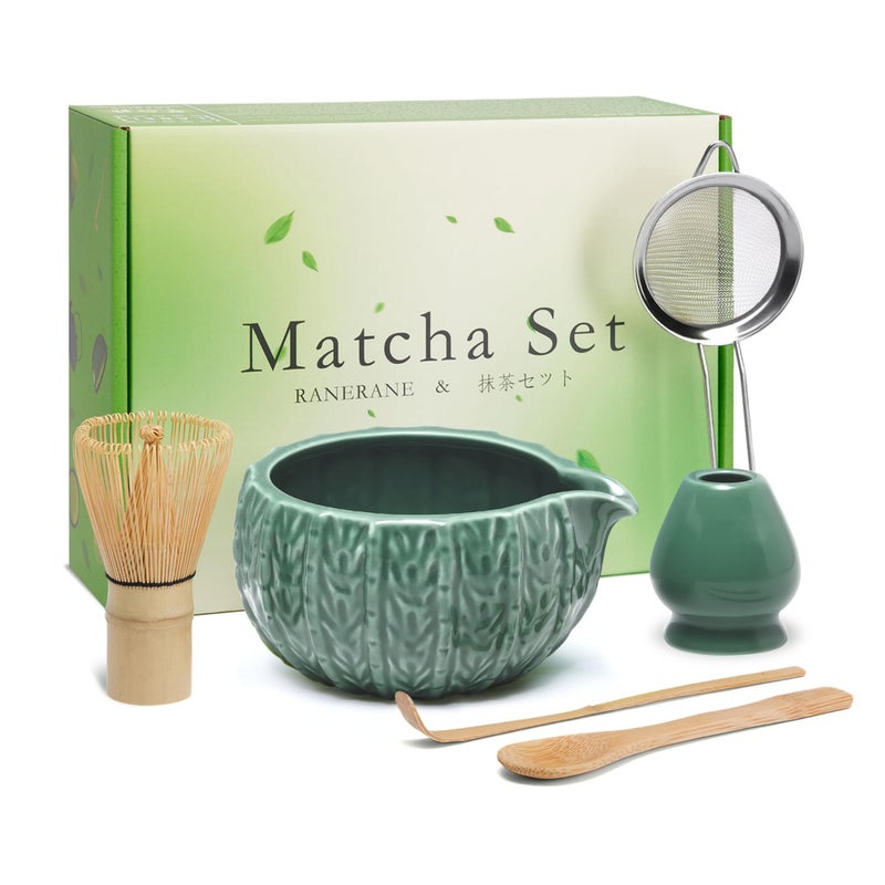 RANERANE 6-Piece Matcha Set, Matcha Whisk (Chasen) & Holder, Matcha Bowl with Spout, Sifter & Spoon, Bamboo & Ceramic, Dark Green - Image 1