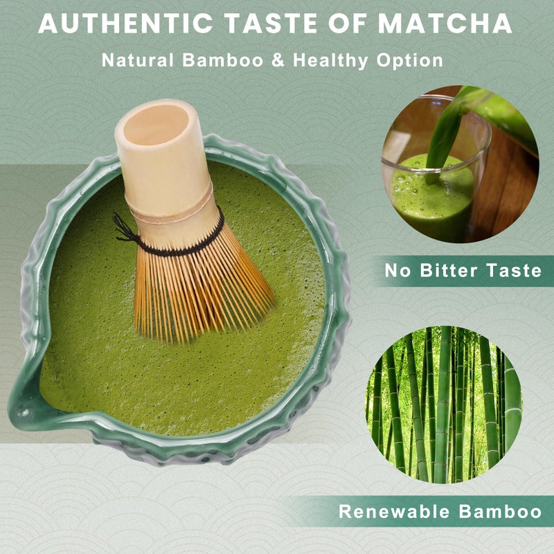 RANERANE 6-Piece Matcha Set, Matcha Whisk (Chasen) & Holder, Matcha Bowl with Spout, Sifter & Spoon, Bamboo & Ceramic, Dark Green - Image 3