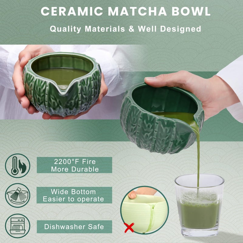 RANERANE 6-Piece Matcha Set, Matcha Whisk (Chasen) & Holder, Matcha Bowl with Spout, Sifter & Spoon, Bamboo & Ceramic, Dark Green - Image 4