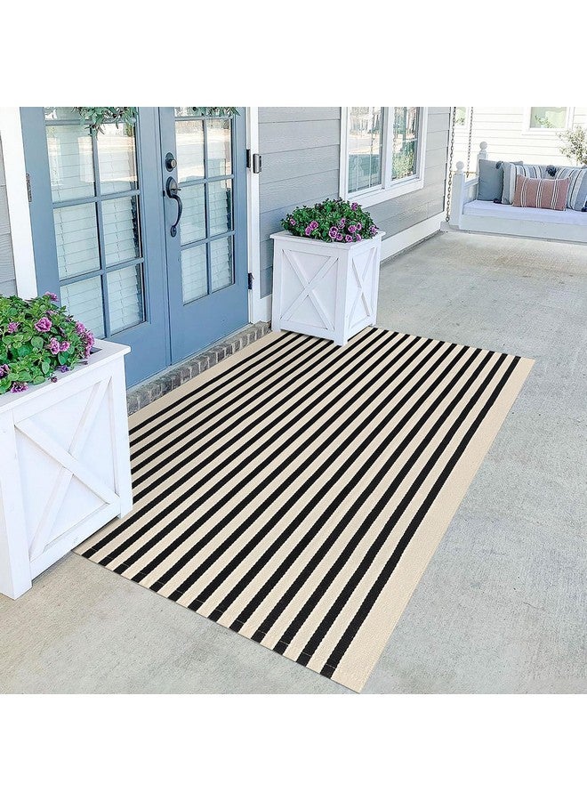 KILOCOCO Beige Striped Rug - 4'X6' Front Door Mat Outdoor, Welcome Mats Rugs Outdoor, Cotton Washable Front Porch Rug Layered Doormats for Patio Farmhouse Entryway Kitchen Laundry Room - Image 1