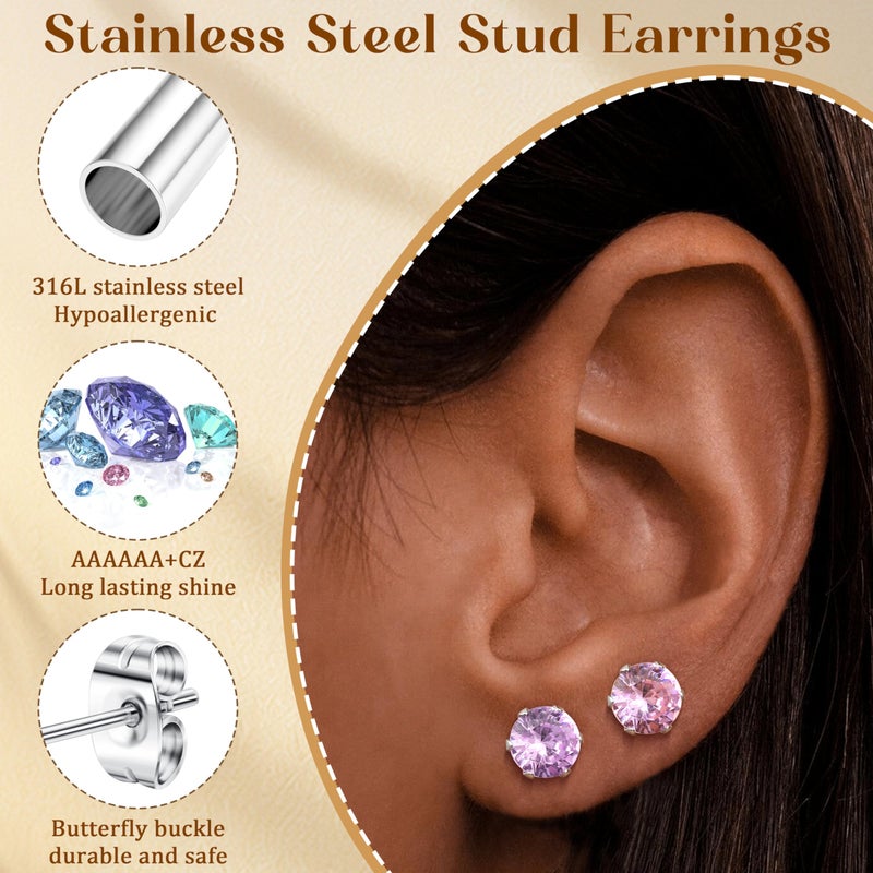 LOYALLOOK 12 Pairs Stainless Steel Round Cubic Zirconia Birthstone Stud Earrings for Women 7mm - Image 3